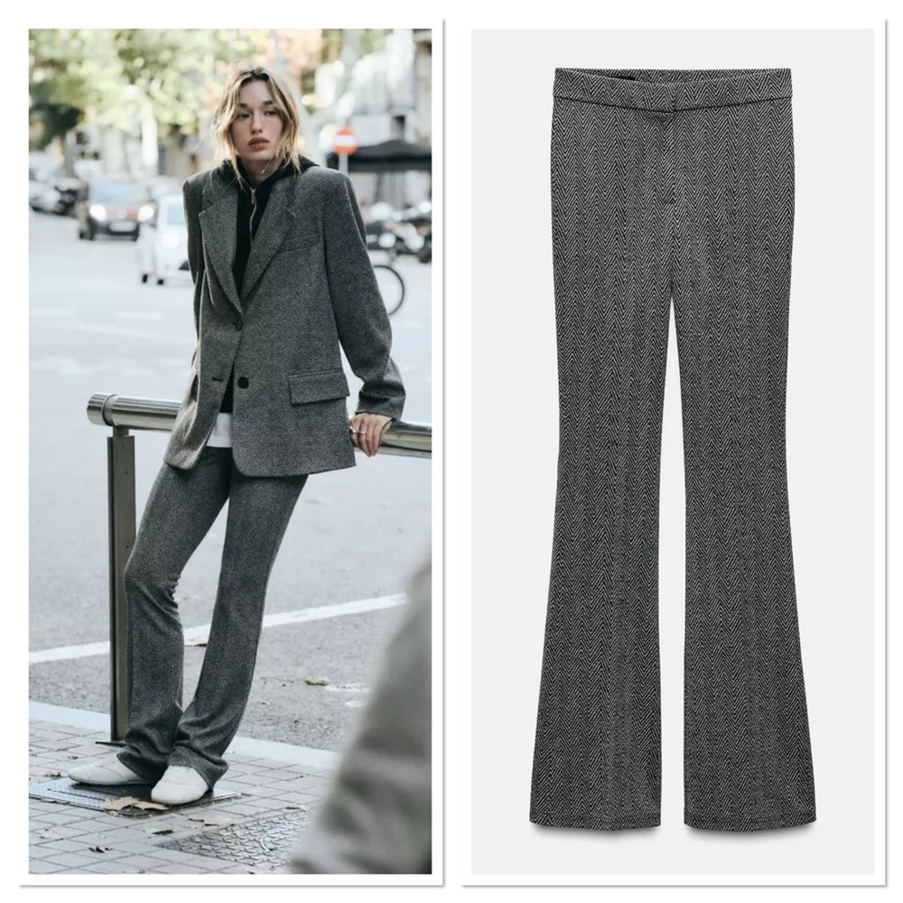 ZARA Stretch Herringbone Flare Trousers Grey Marl Size M NWOT